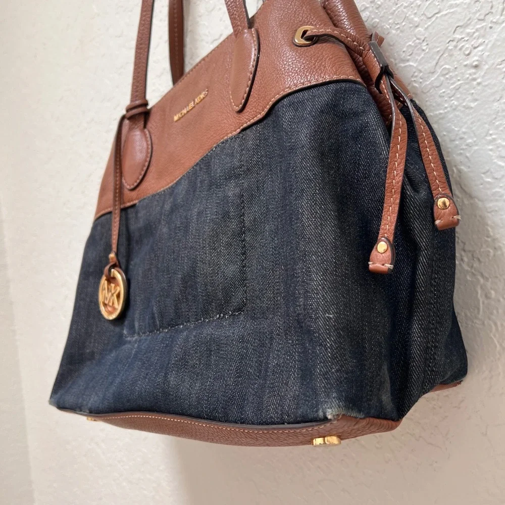 Michael Kors Marina Drawstring Denim Brown Leather Tote Shoulder Bag Designer